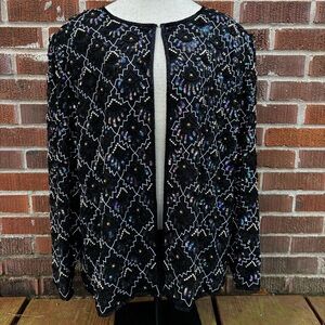 Vintage Laurence Kazar Women's 2X Black Geometric Sequin Silk Jacket Cocktail